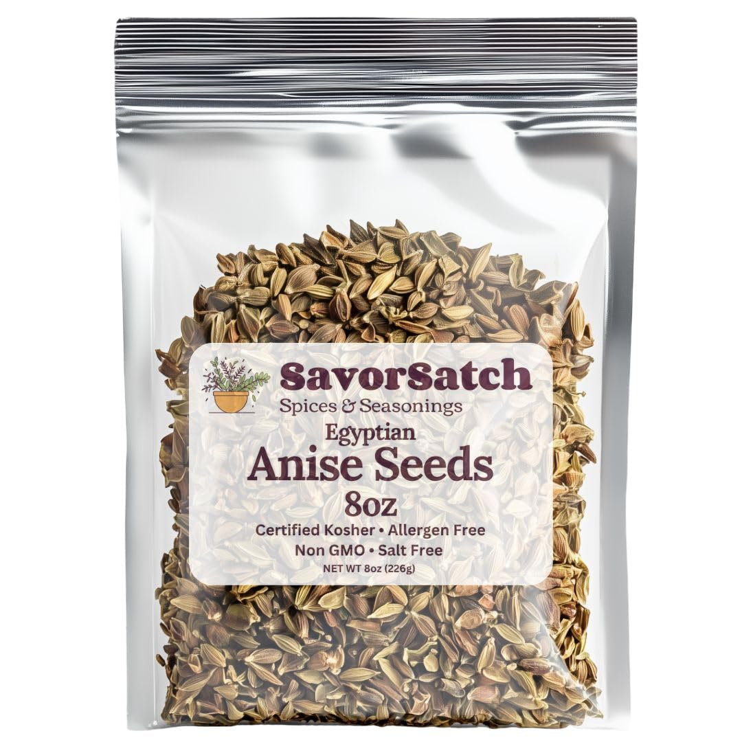 SavorSatch Anise Seeds Whole - 8oz Stand-Up Resealable Pouch | Product of Egypt | Licorice Flavor and Aroma | Certified Kosher, GMO-Free, Bulk Herb for Cooking, Baking, and Tea