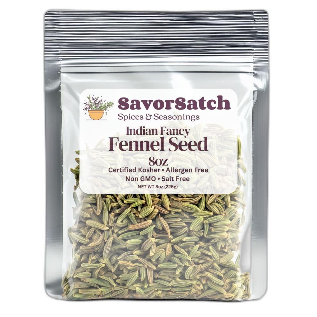 SavorSatch Fennel Seeds - 8oz Resealable Stand-Up Pouch | Indian Fancy Green Whole Seeds | Non-GMO, Certified Kosher, Bulk Herb for Cooking, Baking, and Tea