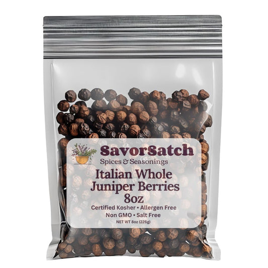 SavorSatch Whole Juniper Berries - Fancy, Certified Kosher, 8oz Resealable Pouch | Aromatic, All-Natural Spice for Cooking, Tea, Pickling, and Flavoring